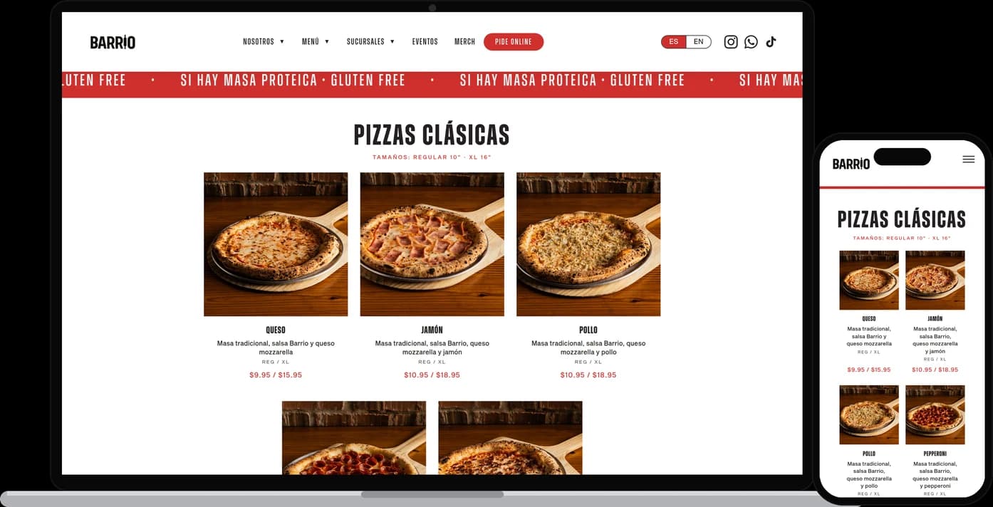 Carta de Barrio Pizza en un portátil y un teléfono