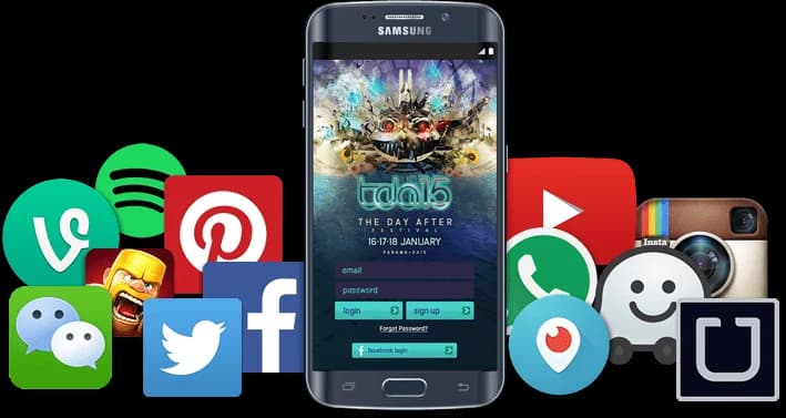 Teléfono Samsung con una app rodeado de iconos de aplicaciones